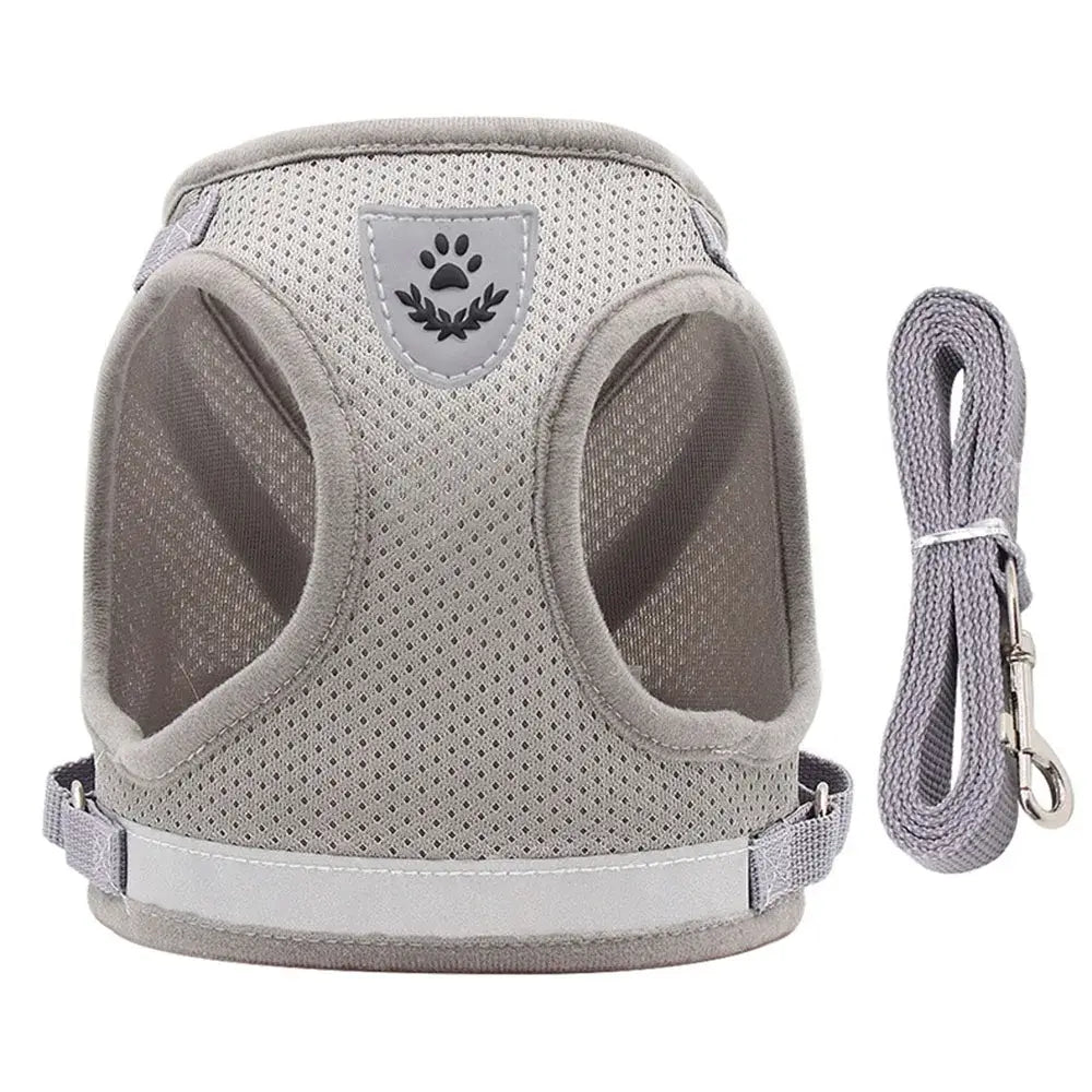 Pet Harness And Leash Set Adjustable Breathable Escape Proof Vest Reflective Collar For Dogs And Cats - gray breathable escape-proof vest with leash