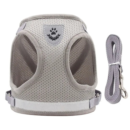 Pet Harness And Leash Set Adjustable Breathable Escape Proof Vest Reflective Collar For Dogs And Cats - gray breathable escape-proof vest with leash