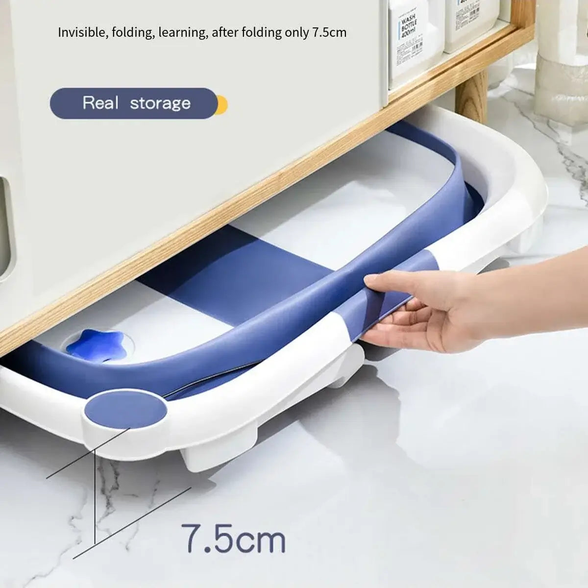 Foldable newborn baby bath tub featuring space-saving design with a 7.5cm height for easy storage under furniture.