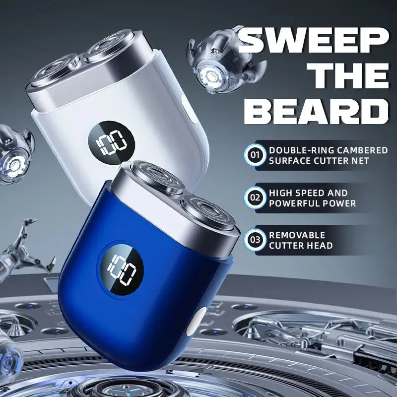 Rechargeable beard shaver in white and blue with digital display and dual-ring cutter net for efficient grooming.