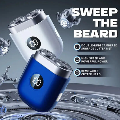 Rechargeable beard shaver in white and blue with digital display and dual-ring cutter net for efficient grooming.