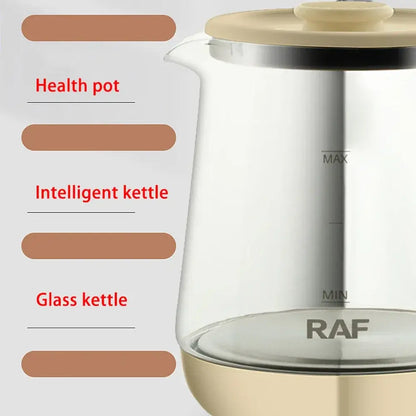1.5L cordless electric glass kettle fast boil with transparent design and features labeled including health pot and intelligent kettle.