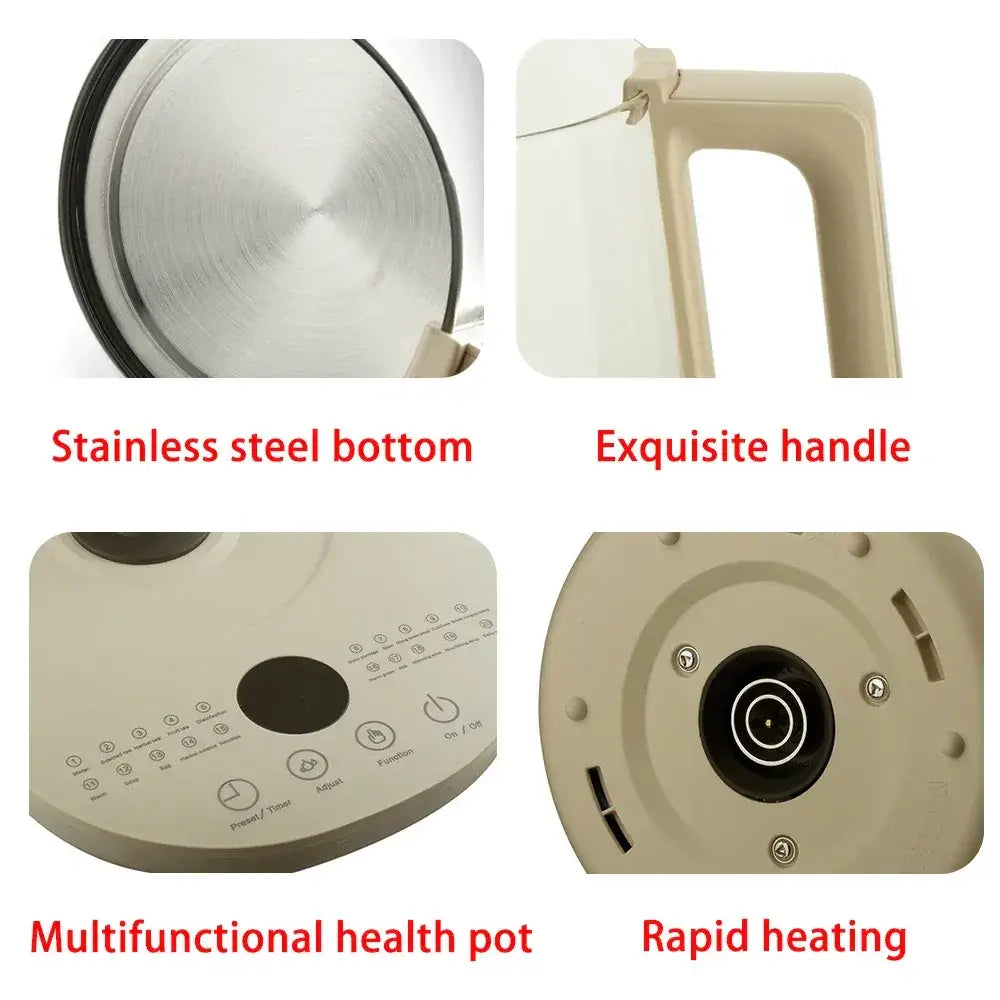 1.5L cordless electric glass kettle fast boil features stainless steel bottom, exquisite handle, multifunctional health pot, and rapid heating.