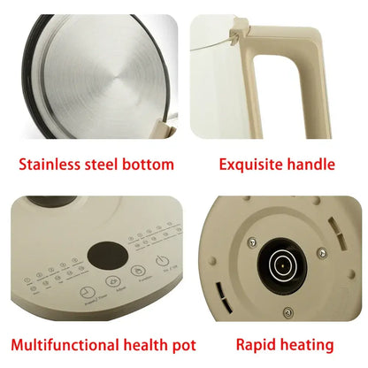 1.5L cordless electric glass kettle fast boil features stainless steel bottom, exquisite handle, multifunctional health pot, and rapid heating.