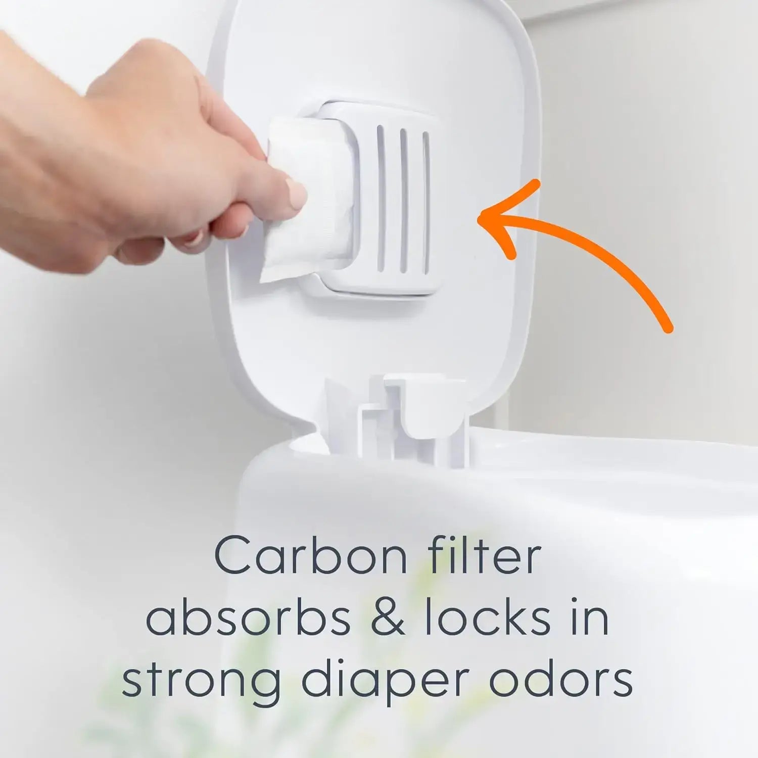 Diaper Pail – Odor-Control + Foot Pedal, Includes Refill Bag for 270 Diapers, White showing carbon filter in lid for odor control