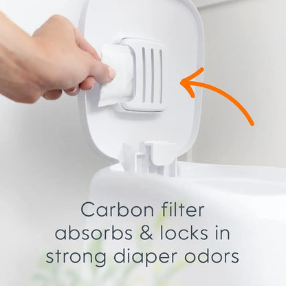 Diaper Pail – Odor-Control + Foot Pedal, Includes Refill Bag for 270 Diapers, White showing carbon filter in lid for odor control