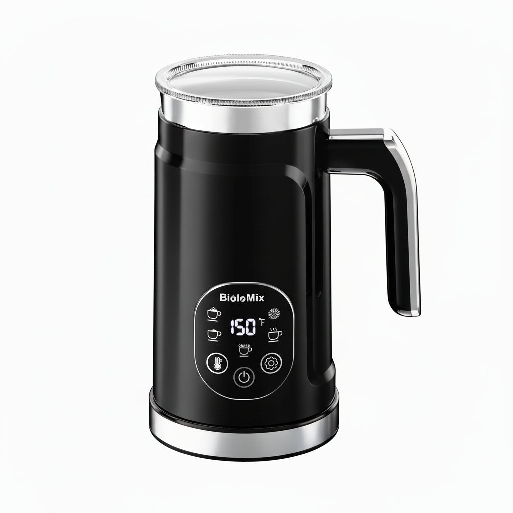 Milk Frother – Cafe-Quality Foam + 5-in-1 Function: BioloMix black electric frother with LED display, cup of cappuccino and whisk accessory