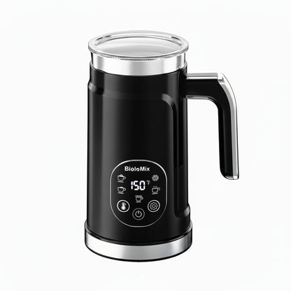 Milk Frother – Cafe-Quality Foam + 5-in-1 Function: BioloMix black electric frother with LED display, cup of cappuccino and whisk accessory