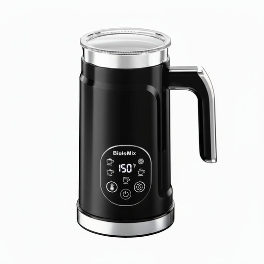 Milk Frother – Cafe-Quality Foam + 5-in-1 Function: BioloMix black electric frother with LED display, cup of cappuccino and whisk accessory