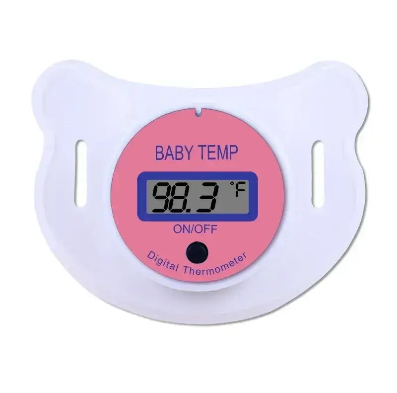 Pacifier Thermometer – Non-Invasive Fever Checks For Infants + BPA-Free Silicone Tip, Quick Readings - pink digital baby pacifier thermometer showing 98.3°F