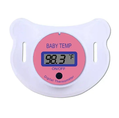 Pacifier Thermometer – Non-Invasive Fever Checks For Infants + BPA-Free Silicone Tip, Quick Readings - pink digital baby pacifier thermometer showing 98.3°F