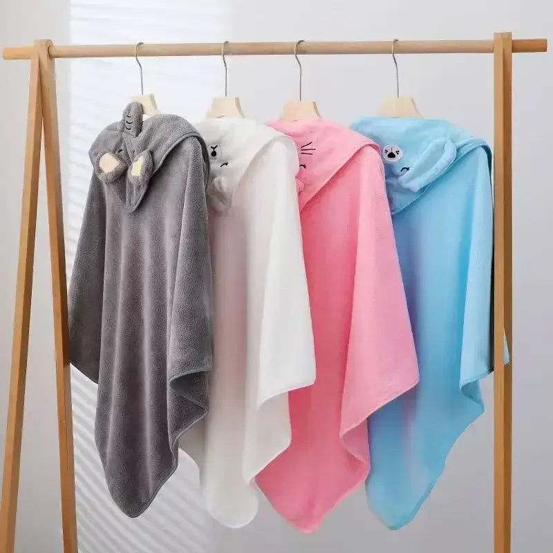 Baby Bath Towel – Gentle On Delicate Baby Skin For Soft, Snug Comfort + Plush Fabric shown as cuddly animal hooded towels in gray white pink and blue