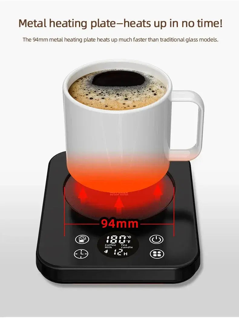 Portable coffee mug warmer with temperature control on a metal heating plate warming coffee.