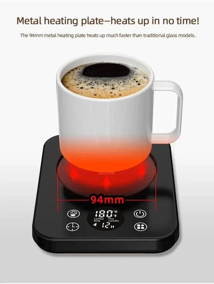 Portable coffee mug warmer with temperature control on a metal heating plate warming coffee.