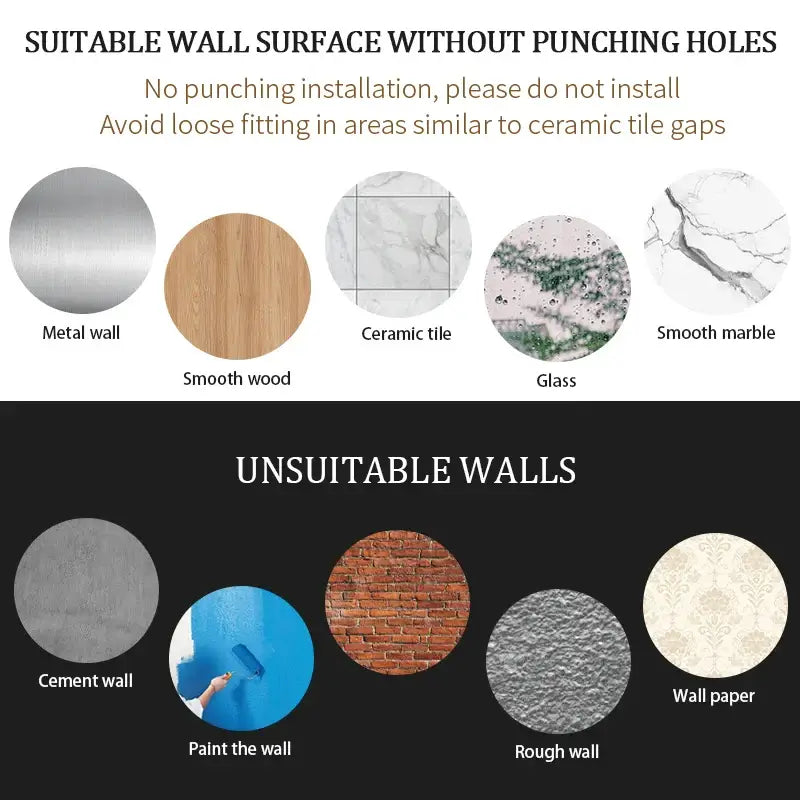 Paper Roll Holder – Moisture-Resistant + Drill-Free Wall Mount showing suitable (metal, wood, tile, glass, marble) and unsuitable (cement, painted, brick, rough, wallpaper) wall surfaces