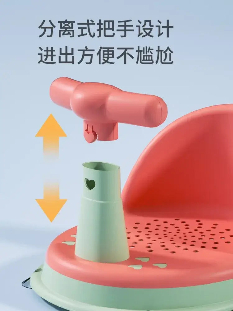 Anti-Slip Baby Bath Seat With Suction Cup Base and Detachable Armrests features a detachable armrest for added convenience.