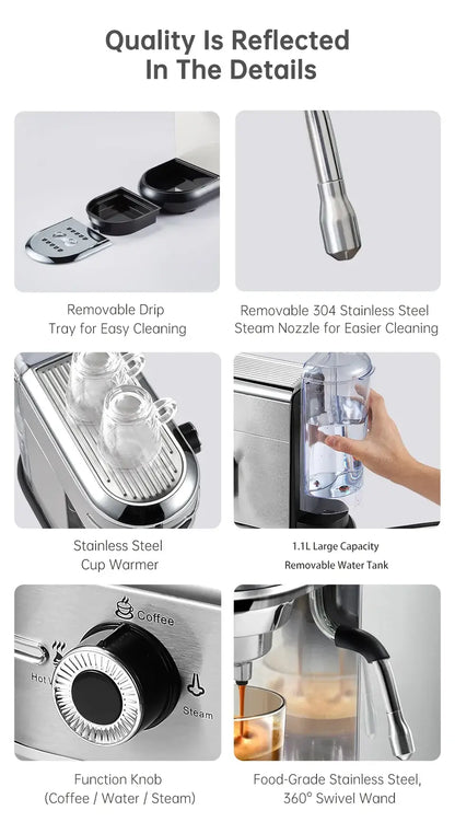 Espresso Machine – Cafe-Quality Espresso With Dense Crema And Rich Body + ESE Pod Compatible, HiBREW 20 Bar stainless details collage
