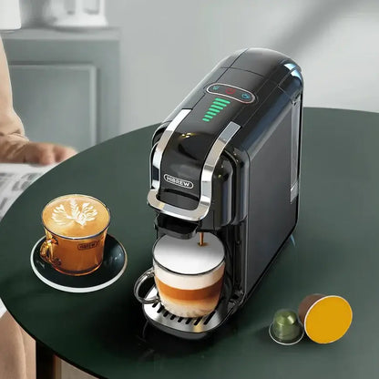 Fresh Coffee in Seconds – Nespresso & Dolce Gusto Compatible HiBREW 5‑in‑1 capsule and ground coffee machine on table with latte and capsules