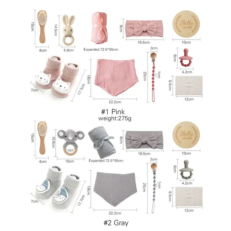 Baby bath gift set with milestone cards and wooden brush - pink and gray newborn bath essentials layout