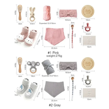 Baby bath gift set with milestone cards and wooden brush - pink and gray newborn bath essentials layout