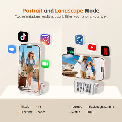 Magnetic Phone Grip With Remote Control and Handle Stabilizer shown holding phone in portrait and landscape modes for TikTok Instagram YouTube