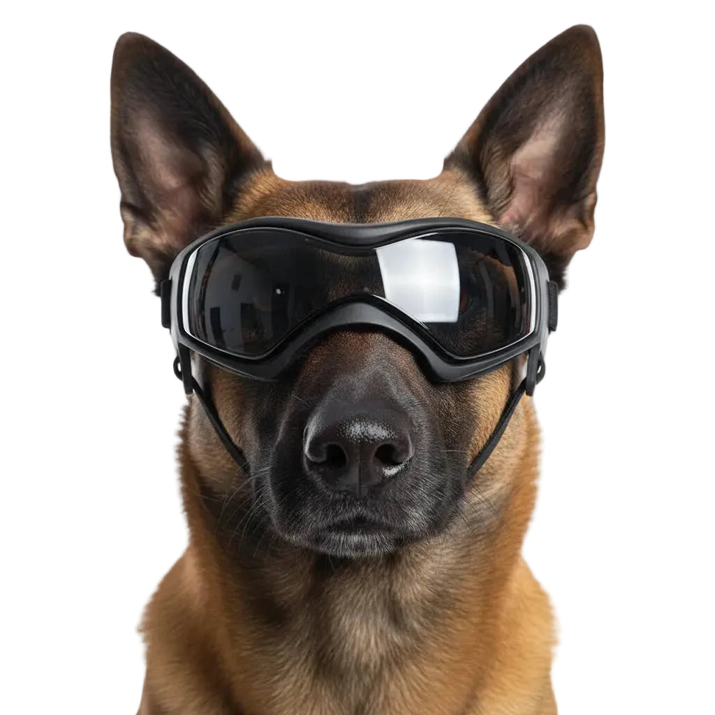 UV Protection Dog Adjustable Sunglasses For Outdoors on a dog, showcasing full eye coverage and adjustable straps.