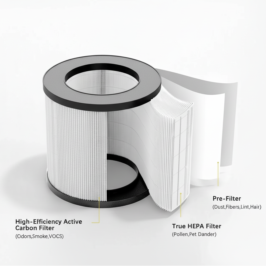 Diagram of Chuboor PJ01 Air Purifier filters, highlighting best compact air purifier features like HEPA and carbon filtration.