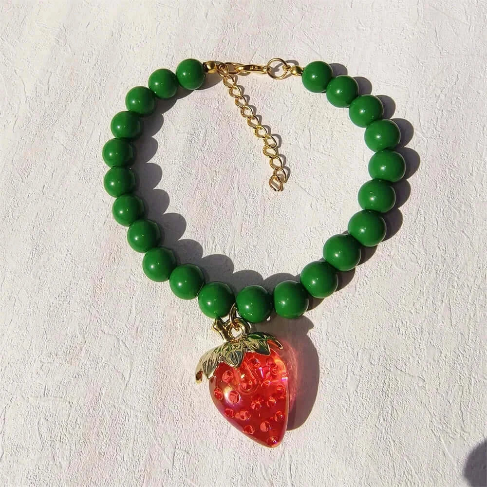 Pet Collar With Pearl Necklace - Pet-Safe Comfort + Lightweight Resin Design For Everyday Wear green beaded collar with strawberry pendant