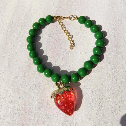 Pet Collar With Pearl Necklace - Pet-Safe Comfort + Lightweight Resin Design For Everyday Wear green beaded collar with strawberry pendant