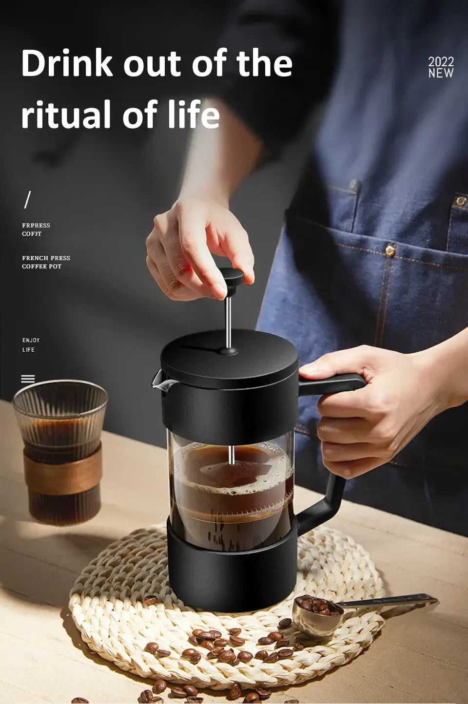French Press - Bold Flavor + Heat Resistant Borosilicate Glass 600ml French press pot with black frame brewing coffee