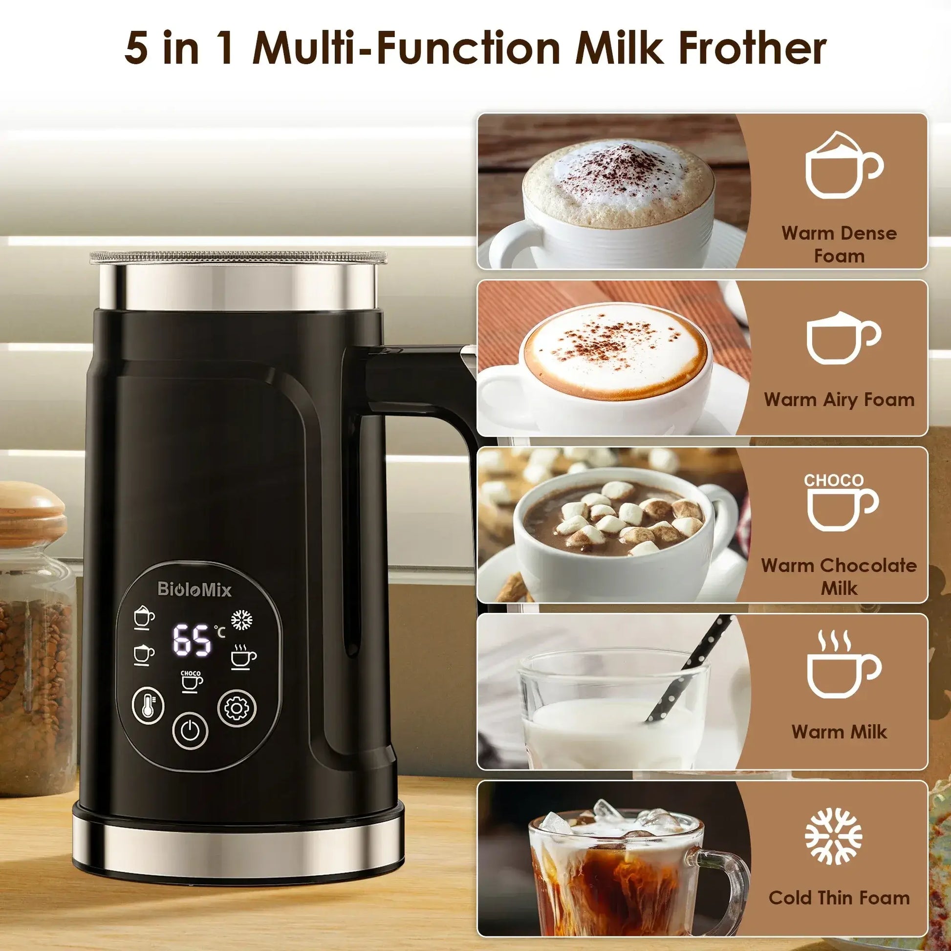 Milk Frother – Cafe-Quality Foam + 5-in-1 Function BioloMix black 5-in-1 frother with LED display showing 65°C and foam options