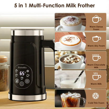Milk Frother – Cafe-Quality Foam + 5-in-1 Function BioloMix black 5-in-1 frother with LED display showing 65°C and foam options