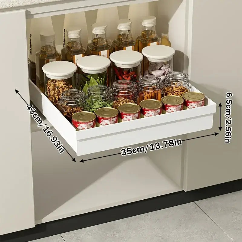 Slide Out Cabinet Organizer No Drill Magic Tray Heavy Duty Space Saver Under Sink — white slide-out tray holding jars and bottles
