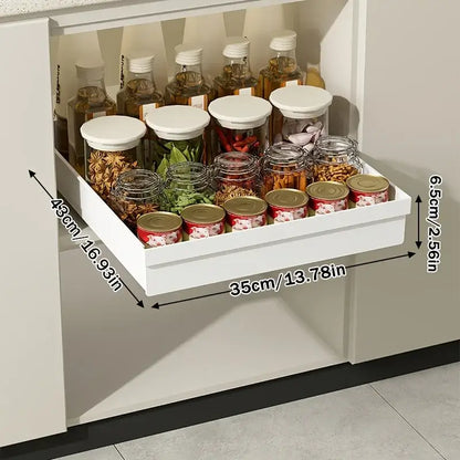Slide Out Cabinet Organizer No Drill Magic Tray Heavy Duty Space Saver Under Sink — white slide-out tray holding jars and bottles