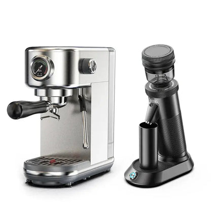 Semi Automatic Espresso Machine – Temperature Adjustable + 20 Bar Extraction stainless steel machine with portafilter and black grinder