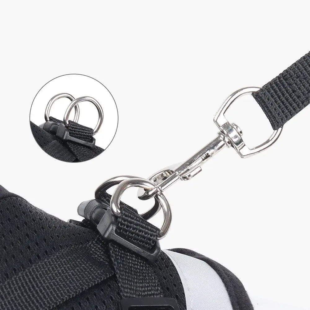 Pet Harness And Leash Set Adjustable Breathable Escape Proof Vest Reflective Collar For Dogs And Cats showing metal D-ring and clip connection