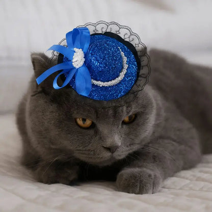 Pet Halloween Hat – Festive Shimmer + Adjustable Elastic Band For Cats And Small Pets on gray cat wearing blue sequin British-style lace hat