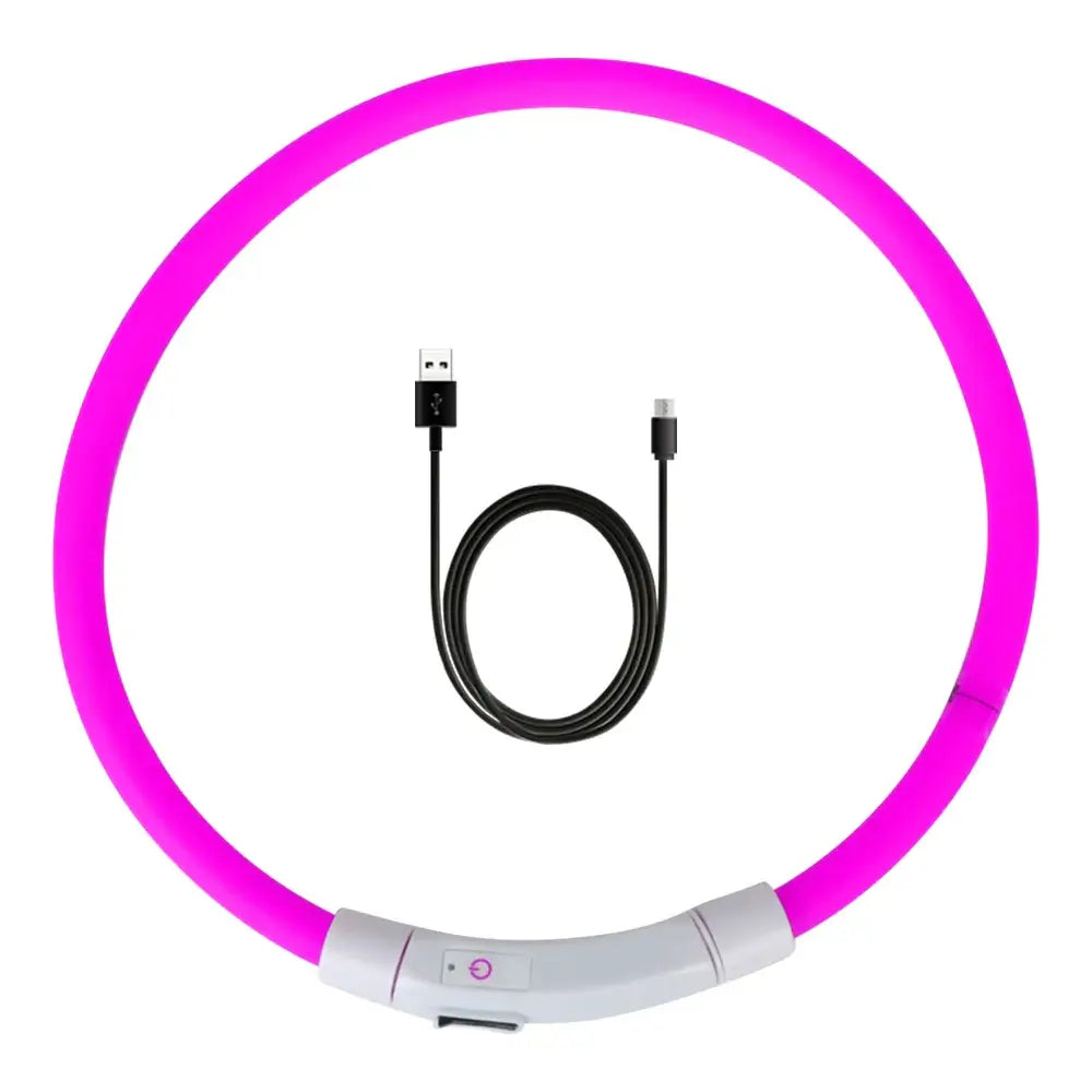 LED dog collar for night safety with pink glow and USB charging cable for enhanced visibility.