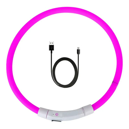 LED dog collar for night safety with pink glow and USB charging cable for enhanced visibility.