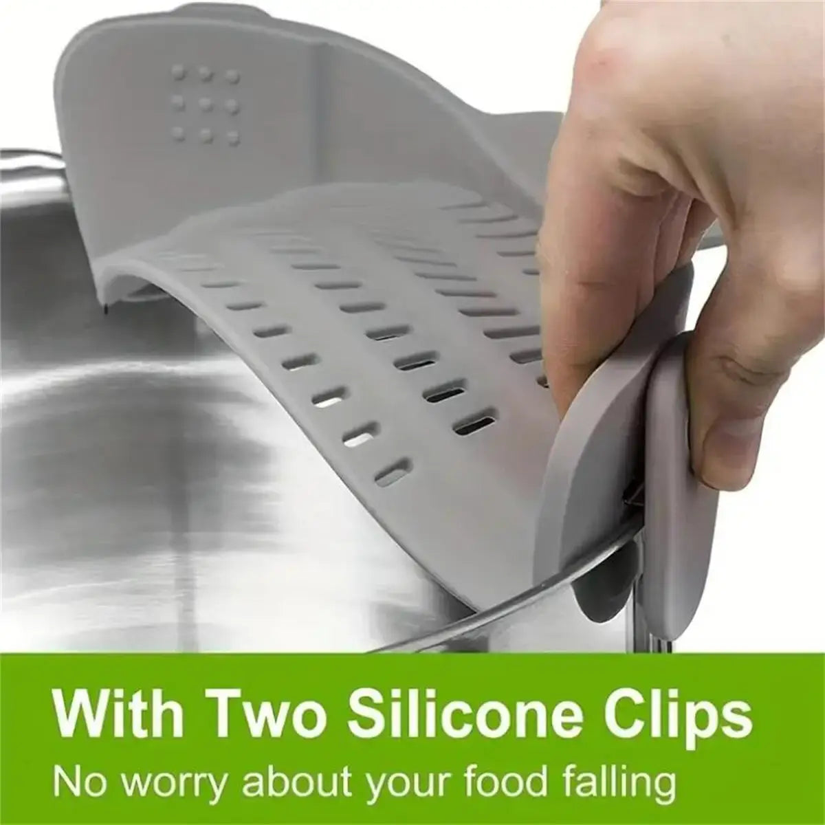 Pot Strainer – Mess-Free Draining + Clip-On Adjustable Stainless Steel clip-on strainer with silicone clips draining over pot