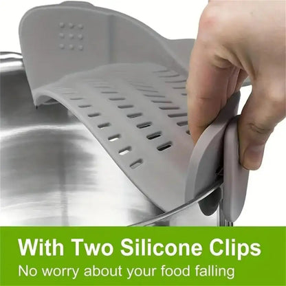 Pot Strainer – Mess-Free Draining + Clip-On Adjustable Stainless Steel clip-on strainer with silicone clips draining over pot