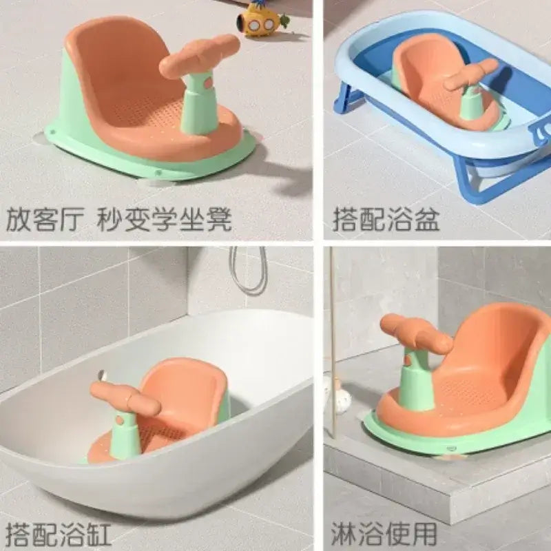 Anti-Slip Baby Bath Seat With Suction Cup Base and Detachable Armrests in different bathtubs.