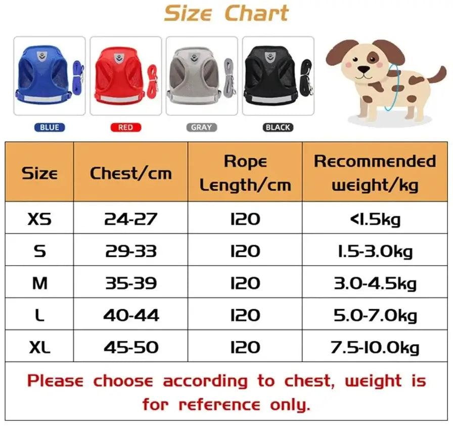 Pet Harness And Leash Set Adjustable Breathable Escape Proof Vest Reflective Collar For Dogs And Cats size chart showing XS-XL chest, rope length 120cm and recommended weights