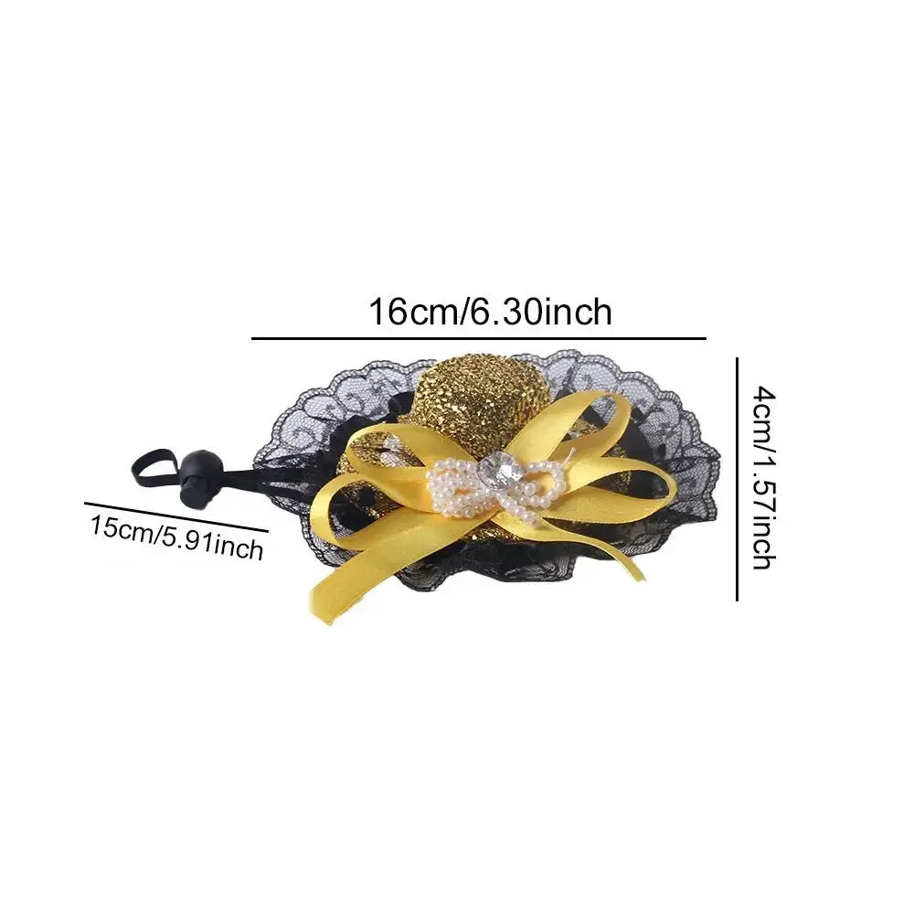 Pet Halloween Hat – Festive Shimmer + Adjustable Elastic Band For Cats And Small Pets on black lace with gold sequin, yellow bow and adjustable elastic band