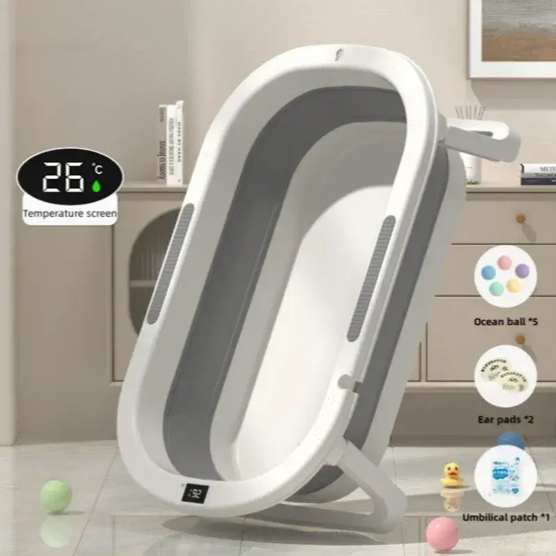Foldable baby bath tub showcasing temperature screen and accessories for toddlers, ideal for safe and comfortable bathing.