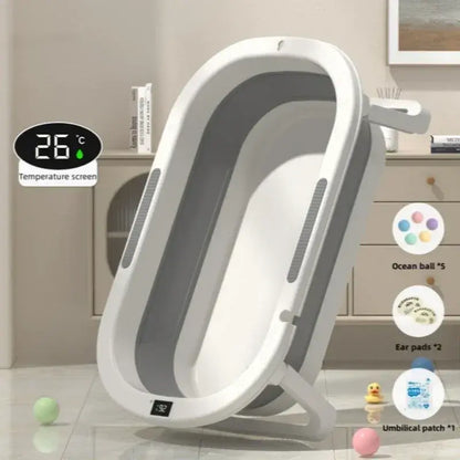 Foldable baby bath tub showcasing temperature screen and accessories for toddlers, ideal for safe and comfortable bathing.
