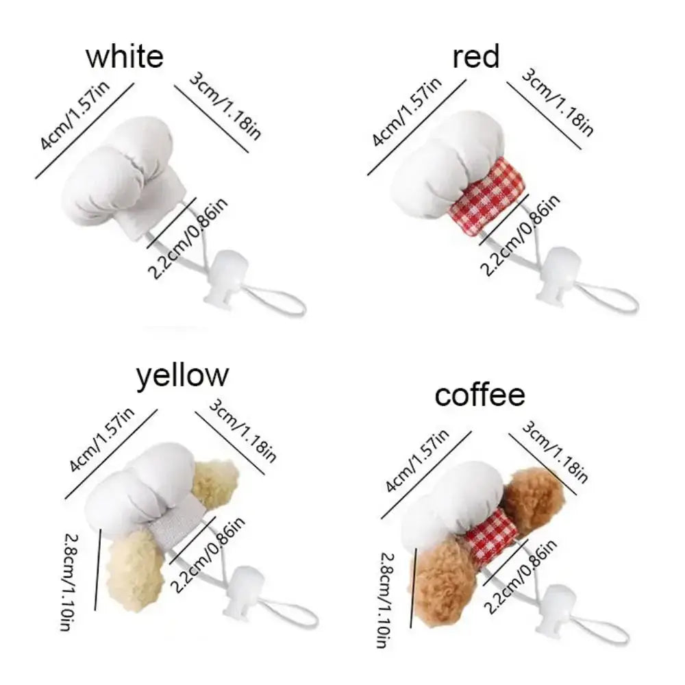 Hamster Chef Hat – Breathable Comfort All Day Wear + Adjustable Fit For Plush Ears shown in white red yellow and coffee color variations with measurements