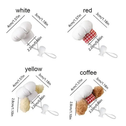 Hamster Chef Hat – Breathable Comfort All Day Wear + Adjustable Fit For Plush Ears shown in white red yellow and coffee color variations with measurements