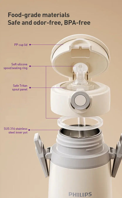 Avent Kids Vacuum Bottle For All-Day Temperature Control showcasing food-grade materials and BPA-free design.