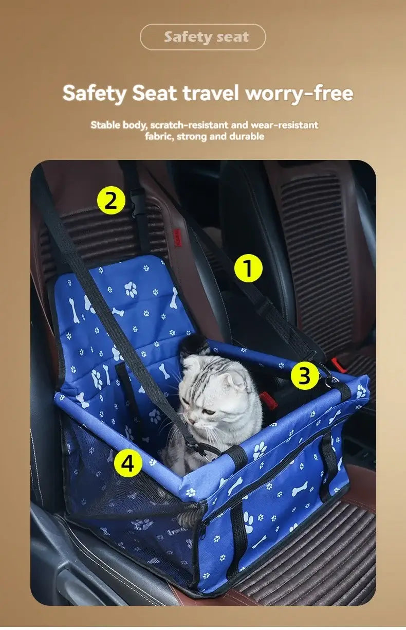 Pet Booster Seat – Safer Rides + Adjustable Seat Belt blue breathable car booster seat with cat secured by adjustable safety belt